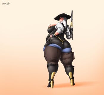 1girl 2022 alternate_breast_size_(larger) animification artist_name ashe_(overwatch) ass black_hat black_pants black_vest blizzard_(company) boots breasts brown_background chaps cleavage commentary cowboy_hat dated earrings english_commentary fat fat_woman female_focus fingerless_gloves from_behind gloves gradient_background gun hand_on_own_hip hat high_heel_boots high_heels highres holding holding_gun holding_weapon huge_ass jewelry just_tenth large_breasts legs_apart looking_back medium_hair overwatch pants parted_lips popped_collar prosthesis prosthetic_arm red_eyes rifle shirt sleeve_cuffs solo thick_thighs thighs vest weapon white_hair white_shirt wrist_guards