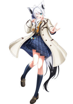 Rule 34 | 1girl, absurdres, ahoge, animal ear fluff, animal ears, ayana haku, black socks, blue eyes, blue scarf, blue skirt, brown shoes, coat, commentary request, fox ears, fox girl, fox shadow puppet, fox tail, full body, hand up, highres, hololive, kneehighs, loafers, long sleeves, looking at viewer, multicolored tail, one eye closed, open clothes, open coat, open mouth, ribbed socks, scarf, shirakami fubuki, shoes, simple background, skirt, smile, socks, solo, standing, standing on one leg, tail, virtual youtuber, white background, white hair, winter clothes