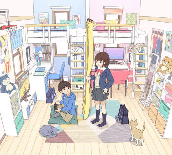 1boy 1girl animal bag ball baseball_uniform basketball_hoop bed bedroom black_eyes black_socks blue_hoodie blue_jacket blue_shirt book bookshelf breasts brother_and_sister brown_fur brown_hair brown_pants brown_sweater_vest bunk_bed cat chair character_doll computer computer_keyboard computer_mouse controller cup curtains desk desk_lamp doll game_controller gen_1_pokemon grey_fur grey_skirt grey_socks grin holding holding_controller hood hoodie jacket kiyo_(kyokyo1220) lamp long_sleeves looking_at_another mario mario_(series) mario_kart mirror moomin moomintroll nintendo open_clothes open_jacket original pants pencil pillow playing_games pokemon poster_(object) rilakkuma san-x school_uniform shirt short_hair short_sleeves shoulder_bag siblings sitting skirt small_breasts smile snorlax soccer_ball socks sportswear standing stuffed_animal stuffed_bird stuffed_cat stuffed_toy sweater_vest teddy_bear teeth television tonari_no_totoro totoro trash_can unworn_shirt white_shirt window window_blinds