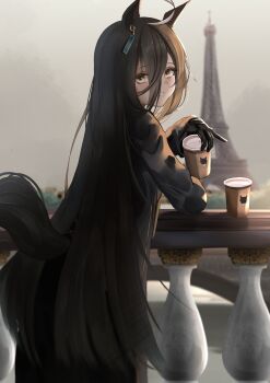 1girl absurdres ahoge animal_ears araca_ra black_coat black_gloves black_hair coat commentary cup disposable_coffee_cup disposable_cup ear_tag earrings eiffel_tower english_commentary from_behind gloves hair_between_eyes highres holding holding_cup horse_ears horse_girl horse_tail jewelry long_bangs long_hair long_hair_between_eyes long_sleeves looking_at_viewer looking_back manhattan_cafe_(umamusume) single_earring smile solo tail umamusume white_hair yellow_eyes