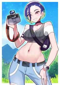 1girl absurdres armband bare_shoulders black_armband black_choker blue_hair bob_cut breasts brown_eyes camera choker collarbone crop_top denim gradient_hair grey_shirt highres holding holding_camera jeans loose_hair_strand medium_breasts midriff multicolored_hair nintendo off-shoulder_shirt off_shoulder pants perrin_(pokemon) photographer pokemon pokemon_sv ribbed_shirt shirt short_hair sleeveless sleeveless_shirt undershirt v-neck watch white_nails wristwatch yasu_suupatenin