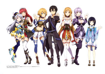 6+girls absurdres armor artist_request asuna_(sao) bare_shoulders black_dress blue_thighhighs character_request dress earrings gold_earrings highres jewelry kirito long_hair multiple_girls pointy_ears purple_hair red_hair short_hair silver_hair sword_art_online sword_art_online:_hollow_realization thighhighs white_thighhighs
