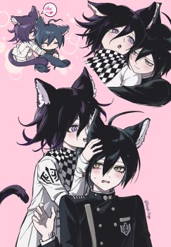 Rule 34 | 2boys, ahoge, animal ears, bishounen, black hair, black jacket, blush, buttons, cat boy, cat ears, cat tail, checkered clothes, checkered scarf, chibi, collared jacket, commentary request, danganronpa (series), danganronpa v3: killing harmony, double-breasted, ewa (seraphhuiyu), eyelashes, flipped hair, hair between eyes, hand on another's head, heart, highres, hug, hug from behind, jacket, kiss, long sleeves, male focus, multiple boys, oma kokichi, open mouth, pink background, purple eyes, purple hair, saihara shuichi, scarf, short hair, simple background, slit pupils, smile, sweat, tail, twitter username, two-tone scarf, yaoi, yellow eyes