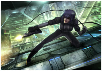 1girl aircraft bodysuit breasts city firing ghost_in_the_shell grey_bodysuit helicopter hideyoshi_ruwwe kusanagi_motoko muzzle_flash on_wall pyramid_(structure) short_hair solo wire