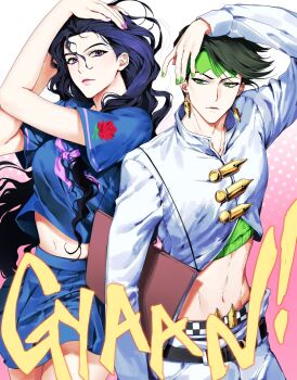 Rule 34 | 1boy, 1girl, arm up, black hair, blue serafuku, crop top, diamond wa kudakenai, earrings, frown, gradient background, green eyes, green hair, green headband, green nails, headband, highres, jewelry, jojo no kimyou na bouken, jojo pose, kishibe rohan, long hair, looking at viewer, mago579, midriff peek, navel, pink lips, purple eyes, purple nails, school uniform, serafuku, yamagishi yukako