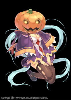 Rule 34 | 1girl, argyle clothes, argyle thighhighs, artist name, black background, breasts, brown thighhighs, capelet, cleavage, dated, full body, glowing, glowing eyes, grey hair, hands on own legs, highres, jack-o'-lantern, karpin, long hair, medium breasts, official art, pumpkin head, sid story, thighhighs, very long hair