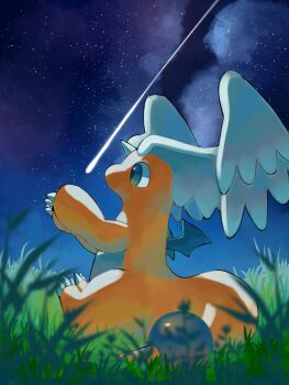 claws colored_skin dragon dragonite feathered_wings gen_1_pokemon grass green_eyes head_wings highres horns mega_dragonite mega_pokemon night night_sky nintendo no_humans orange_skin outdoors p9kfxaofqi54546 pokemon pokemon_(creature) pokemon_focus shooting_star single_horn sitting sky solo star_(sky) tail wings