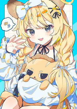 Rule 34 | 1girl, :d, animal ears, aramedraw, blonde hair, blue border, blush, border, bow hairband, braid, claw pose, commentary, fang, grey eyes, grid background, hair ribbon, hairband, hands up, highres, lion ears, lion girl, long hair, long sleeves, looking at viewer, neck ribbon, noripro, open mouth, outside border, regrush lionheart, ribbon, shirt, sitting, smile, solo, speech bubble, stuffed animal, stuffed lion, stuffed toy, twin braids, virtual youtuber, white background, white hairband, white ribbon, white shirt
