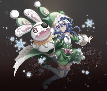 1girl artist_request blue_eyes blue_hair check_artist date_a_live frilled_skirt frilled_thighhighs frills green_shoes highres himekawa_yoshino hood long_hair shoes skirt smile snowflakes thighhighs white_thighhighs yoshinon