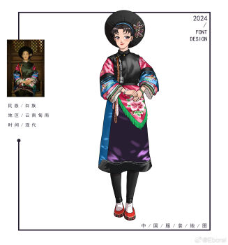 1girl 2024 bai_clothes bead_bracelet beads black_eyes black_hair black_hat black_shirt bracelet chinese_commentary chinese_text commentary_request eborel flats full_body hat highres jewelry layered_sleeves leg_wrap long_skirt looking_at_viewer original photo-referenced photo_inset purple_skirt red_lips red_shoes reference_inset shirt shoes short_hair skirt smile socks solo standing watermark weibo_watermark white_background white_socks