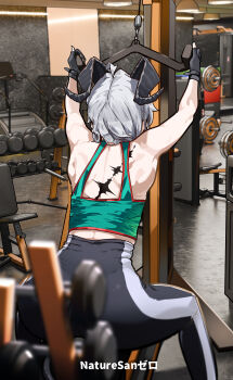 1girl absurdres ahoge alternate_costume aqua_shirt arms_up artist_name ass bare_shoulders black_horns black_tail commentary curled_horns demon_tail dumbbell english_commentary exercise_machine exercising from_behind grey_hair gym highres horns indoors long_hair median_furrow pants pull-down_machine red_pants ryeon_(naturesan) shirt solo tacet_mark_(wuthering_waves) tail toned toned_female wuthering_waves yoga_pants zani_(wuthering_waves)