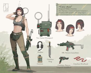 Rule 34 | abs, absurdres, arm tattoo, armor, artist logo, artist name, astra militarum, bandana, belt, bikini, boots, breasts, brown eyes, brown gloves, camouflage, camouflage bikini, camouflage pants, canteen, catachan jungle fighter, chihiro catarine, combat boots, combat knife, gloves, headband, headset, highres, imperial aquila, knife, large breasts, lasgun, laspistol, logo, muscular, muscular female, original, pants, radio, red headband, short hair, simple background, smirk, swimsuit, tattoo, utility belt, warhammer 40k, weapon, zephart
