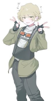 Rule 34 | 1boy, anoon133, black gloves, black pants, blonde hair, cowboy shot, fingerless gloves, gloves, goggles, goggles around neck, green eyes, green jacket, highres, jacket, library of ruina, looking at viewer, open mouth, pants, project moon, shirt, short hair, simple background, smile, solo, stephan (project moon), sweater, turtleneck, turtleneck sweater, v, white background, white shirt