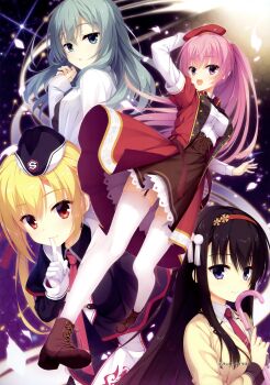 Rule 34 | 4girls, :d, absurdres, aqua eyes, aqua hair, arihara nanami, arm behind head, beret, black hair, black hat, black necktie, blonde hair, boots, breasts, brown boots, brown skirt, closed mouth, coat, collared shirt, company name, copyright name, cover, eyes visible through hair, finger to mouth, floating hair, frilled skirt, frills, full body, garrison cap, garter straps, gloves, hair between eyes, hair ornament, hairband, hand up, hat, high-waist skirt, highres, holding, holding umbrella, index finger raised, jacket, kikka academy school uniform, kobuichi, lab coat, lace-up boots, large breasts, light particles, long hair, long sleeves, looking at viewer, low twintails, mitsukasa ayase, multiple girls, muririn, necktie, nijouin hazuki, official art, open clothes, open coat, open mouth, parted lips, pink hair, pink umbrella, purple eyes, red coat, red eyes, red hairband, red hat, red necktie, riddle joker, scan, school uniform, shikibe mayu, shirt, short necktie, sidelocks, skirt, smile, standing, straight hair, tassel, tassel hair ornament, textless version, thighhighs, twintails, umbrella, upper body, very long hair, video game cover, white coat, white gloves, white shirt, white thighhighs, yellow jacket, yuzusoft