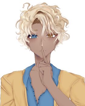 1boy bad_source blonde_hair blue_eyes closed_mouth eiyiyu expressionless fang finger_to_mouth flicker_(roblox) heterochromia jacket jackson(flicker) messy_hair roblox shirt solo tan vest yellow_eyes yellow_jacket