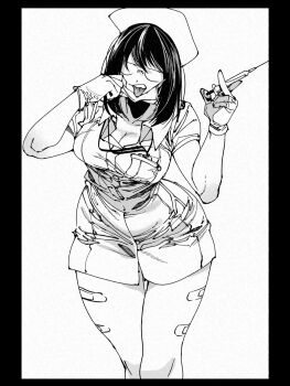 1girl :p bandaid_on_thigh black_border border breasts cleavage dress gloves greyscale hachinuki_tessei hat highres holding holding_syringe jimiko jitome large_breasts medium_hair mob_face moire monochrome nurse nurse_cap original round_eyewear she_(hachinuki_tetsuyo) short_dress short_sleeves simple_background solo swept_bangs syringe tongue tongue_out white_background