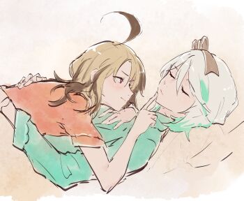 2girls absurdres ahoge aqua_shirt brown_hair brown_streaks cecilia_immergreen closed_eyes closed_mouth commentary cuddling gigi_murin green_streaks hashtag-only_commentary highres hololive hololive_english lying_on_person marii_(mmmmmarii_) multiple_girls orange_shirt red_eyes shirt simple_background sleeping smile twintails virtual_youtuber white_hair winding_key yuri