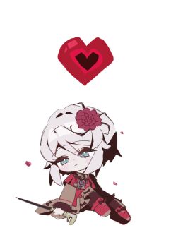 1girl black_pantyhose blue_eyes boots cane chibi closed_mouth coat e.g.o_(project_moon) faust_(project_moon) frilled_sleeves frills glass_fill16 highres holding holding_cane horn_(e.g.o) laetitia_(e.g.o) limbus_company long_sleeves pantyhose pink_boots pink_coat project_moon short_hair sidelocks sitting solo white_hair