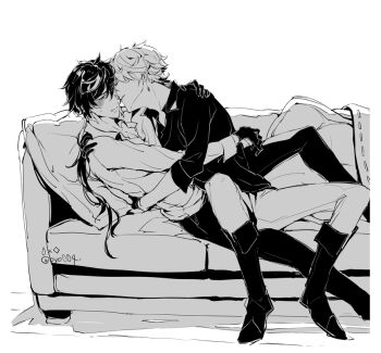 Rule 34 | 004s 4, 2boys, blush, couch, couple, genshin impact, greyscale, image sample, lying, monochrome, multiple boys, on back, on couch, pixiv, pixiv sample, tartaglia (genshin impact), white background, yaoi, zhongli (genshin impact)