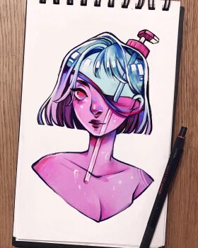 Rule 34 | 1girl, aegyo sal, blunt ends, bob cut, breasts, bubble, cleavage, colored skin, eyelashes, feefal, highres, lips, nose, original, pink hair, pink skin, procreate (medium), short hair, soap, soap bottle