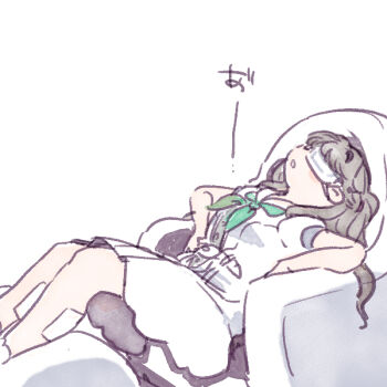 1girl breasts brown_hair commentary_request dress feet_out_of_frame fujishima_megumi green_neckerchief hasu_no_sora_school_uniform link!_like!_love_live! long_hair lounging love_live! medium_breasts medium_dress neckerchief parted_lips pleated_dress puffy_short_sleeves puffy_sleeves reclining sailor_collar sailor_dress school_uniform shinanoya_(satanicad) short_sleeves sleep_mask solo summer_uniform two_side_up virtual_youtuber white_dress white_sailor_collar