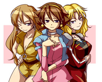 1980s_(style) 3girls angel_omachi banpresto blonde_hair breast_hold breasts brown_hair cleavage crossover earrings g_gundam ginga_senpuu_braiger gundam hairband hand_on_own_hip hip_focus j9_series jewelry long_hair machiko_valencia multiple_girls retro_artstyle one_eye_closed purple_eyes rain_mikamura remy_shimada retro_artstyle sengoku_majin_goshogun shirakawa_(whitemist) super_robot_wars super_robot_wars_neo uniform wink