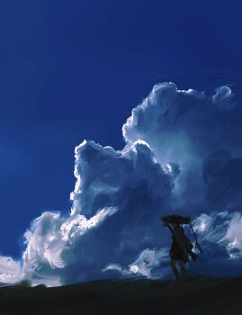 1boy arm_at_side black_bridal_gauntlets black_hair black_shorts blue_cape blue_hat blue_sky blunt_ends bridal_gauntlets cape cloud cloudy_sky facing_another from_behind full_body furisode genshin_impact gold grass hand_up hat highres japanese_clothes jingasa kimono leg_warmers male_focus middle_ring multicolored_hair onlybyveins open_hands scaramouche_(genshin_impact) shorts sky solo standing streaked_hair tassel wanderer_(genshin_impact) watercolor_effect white_leg_warmers white_trim