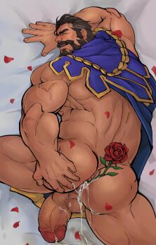 1boy absurdres bara bed_sheet brown_hair cape cum cum_in_ass dark-skinned_male dark_skin erection facial_hair flower glensaru goatee grabbing_own_ass graves_(league_of_legends) hair_slicked_back happy_sex highres implied_yaoi league_of_legends lying male_focus mature_male muscular muscular_male mutton_chops on_bed on_stomach penis petals purple_cape rose rose_petals short_hair smile solo thick_thighs thighs uncensored veins