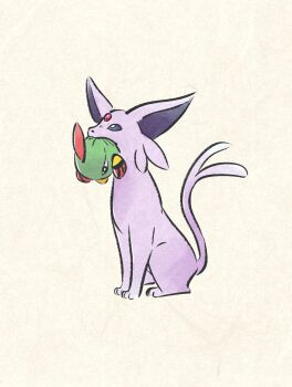 Rule 34 | animal focus, bird, black eyes, bright pupils, carrying, espeon, feathers, forehead jewel, forked tail, full body, gem, gen 2 pokemon, green feathers, highres, metikyun, natu, nintendo, no humans, pokemon, pokemon (creature), pokemon focus, purple eyes, purple fur, red feathers, red gem, simple background, sitting, tail, white pupils, yellow background