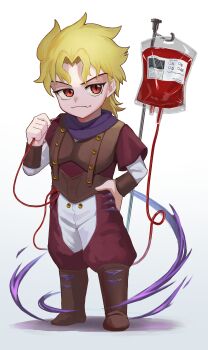 Rule 34 | 1boy, absurdres, blonde hair, blood, blood bag, commentary request, deformed, dio brando, full body, hand on own hip, highres, intravenous drip, jojo no kimyou na bouken, long sleeves, looking at viewer, magurosamm, male focus, phantom blood, red eyes, simple background, solo, standing