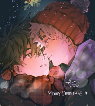 2boys brown_eyes brown_hair character_request closed_mouth coat commentary copyright_request dated english_commentary eye_contact hanmdin hat highres looking_at_another male_focus merry_christmas mistletoe multiple_boys parted_bangs parted_lips pom_pom_(clothes) red_hat red_scarf scarf signature snowing upper_body white_hair white_scarf winter_clothes yaoi