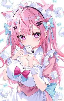 1girl absurdres ahoge animal_ears aqua_bow bandaid bandaid_hair_ornament blunt_bangs blush bow breasts cat_ears cat_girl cleavage commentary_request diamond-shaped_pupils diamond_(shape) dress eneru_(enepuni) fish_hair_ornament food ghost_hair_ornament hair_ornament hairclip heart heart_hair_ornament highres indie_virtual_youtuber long_hair maid maid_headdress marshmallow pink_dress pink_eyes pink_hair simple_background solo symbol-shaped_pupils upper_body virtual_youtuber white_background wing_hair_ornament yuuki_sakuna yuuki_sakuna_(1st_costume)