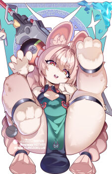 1girl alternate_costume animal_ears body_fur braid breasts bright_pupils china_dress chinese_clothes claws dress furry furry_female green_dress highres hot_vr loli long_hair looking_at_viewer open_mouth orange_eyes patreon_username pelvic_curtain pink_fur pink_hair rabbit_ears rabbit_girl small_breasts soles solo subscribestar_username teeth twin_braids upper_teeth_only white_pupils zenless_zone_zero zhao_(zenless_zone_zero)