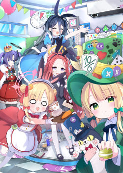 5girls air_conditioner alice&#039;s_adventures_in_wonderland alice_(alice_in_wonderland) animal_ears apron aris_(blue_archive) balloon black_skirt blonde_hair blue_archive blue_dress blue_eyes bow bowtie character_request clock closed_eyes closed_mouth commentary_request controller crown dress fake_animal_ears game_controller game_development_department_(blue_archive) green_bow green_bowtie green_eyes green_halo green_hat hair_bow halo handheld_game_console hat highres holding holding_macaron holding_stuffed_toy kei_(robot)_(blue_archive) long_hair looking_at_viewer maid_apron mary_janes mechanical_halo midori_(blue_archive) momoi_(blue_archive) multiple_girls o_o open_mouth pantyhose pink_halo purple_hair queen_of_hearts_(alice_in_wonderland) rabbit_ears red_dress red_hair shoes short_sleeves skirt stuffed_animal stuffed_cat stuffed_toy very_long_hair white_pantyhose yuuka_(blue_archive) yuzu_(blue_archive) zcx