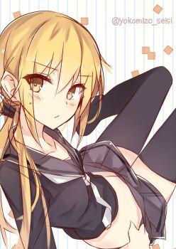 10s 1girl :/ bad_id bad_twitter_id black_serafuku black_skirt black_thighhighs blonde_hair closed_mouth collarbone eyebrows female_focus hair_between_eyes hair_ornament kantai_collection long_hair long_sleeves looking_at_viewer multicolored_background necktie no_shoes pleated_skirt satsuki_(kancolle) school_uniform serafuku skirt solo square striped_background sweatdrop thighhighs twitter_username two-tone_background white_necktie yellow_eyes yokomizo_seisi zettai_ryouiki
