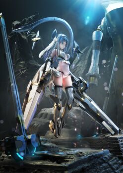 1girl 3d absurdres bare_shoulders bikini blender_(medium) blue_eyes boots cave elbow_gloves fate/grand_order fate_(series) galatea_(fate) gloves groin halterneck highres joints light_rays long_hair mechabare navel pale_skin parted_bangs polearm robot_joints solo swimsuit thigh_boots thighhighs tiara weapon white_bikini white_gloves white_hair yamataka_(blenderkame)