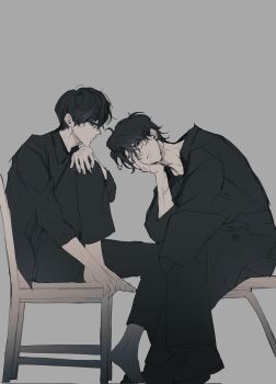 2boys barefoot black_eyes black_shirt chair commentary_request exhausted full_body hand_on_own_face hand_on_own_knee head_rest highres jpqaa5 kim_dokja knee_up korean_commentary long_sleeves looking_at_viewer male_focus matching_outfits multiple_boys omniscient_reader's_viewpoint outstretched_arm shirt sitting stool yoo_joonghyuk