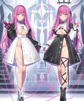 2girls black_dress black_footwear black_halo black_ribbon black_sleeves black_thighhighs blush breasts color_contrast dark_halo doll doll_joints dress evertale frankenstein_(evertale) gloves gold_trim groin hair_ribbon halo joints lens_flare light_particles looking_at_viewer mary_(evertale) mole mole_on_breast mole_on_crotch mole_on_crotch multiple_girls no_panties official_art pink_eyes pink_gloves pink_hair popqn puppet puppet_strings purple_eyes rainbow revealing_clothes ribbon shiny_skin siblings single_thighhigh sisters smile stairs standing tareme thighhighs tsurime twins underboob white_dress white_footwear white_ribbon white_sleeves white_thighhighs