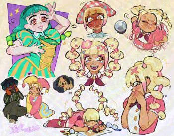 Rule 34 | 3girls, ball, black hair, black pants, blonde hair, blunt bangs, blush, braid, collared shirt, commentary, cropped torso, crying, crystal (tomodachi life: living the dream), dark-skinned female, dark skin, dress, english commentary, fang, fangs, flower, glasses, green dress, green hair, green hairband, green nails, gyaru, hair flower, hair ornament, hairband, hands on own face, hat, highres, jacket, jester, jester cap, jester costume, killartzzz, laughing, long hair, long sleeves, looking at viewer, lying, makeup, multicolored hair, multiple girls, multiple views, neckerchief, necktie, on stomach, open mouth, pants, paper, pencil, pink dress, pink flower, pink hair, pink scrunchie, pout, puffy short sleeves, puffy sleeves, scrunchie, shirt, short hair, short sleeves, sketchbook, smile, soccer ball, sparkle, striped clothes, striped dress, striped headwear, striped jacket, striped shirt, taking picture, tears, teeth, tomodachi life, tomodachi life: living the dream, twin braids, twintails, vertical-striped clothes, x hair ornament, yellow eyes