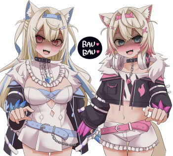 Rule 34 | 2girls, animal ear fluff, animal ears, bandaid, bandaid hair ornament, belt, belt collar, black collar, black jacket, blonde hair, blue belt, blue eyes, blue hair, blush, breasts, claw (weapon), cleavage, collar, cropped jacket, cropped shirt, dog ears, dog girl, dog tail, dress, fangs, frilled shorts, frills, fur-trimmed jacket, fur trim, fuwawa abyssgard, fuwawa abyssgard (1st costume), hair ornament, hairpin, headphones, headphones around neck, highres, hololive, hololive english, jacket, large breasts, long hair, looking at viewer, mococo abyssgard, mococo abyssgard (1st costume), multicolored hair, multiple girls, natsume mina, navel, open mouth, pink belt, pink eyes, pink hair, shirt, short hair, shorts, siblings, sisters, small breasts, smile, spiked collar, spikes, streaked hair, tail, twins, two side up, virtual youtuber, weapon, white dress, white shirt, white shorts, x hair ornament