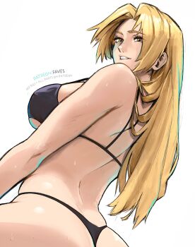Rule 34 | 1girl, absurdres, artist name, bikini, blonde hair, brown eyes, highres, jujutsu kaisen, long hair, miss faves, signature, smile, solo, swimsuit, tsukumo yuki (jujutsu kaisen), twitter username