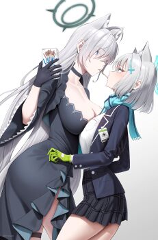2girls absurdres animal_ear_fluff animal_ears black_choker black_dress black_halo blue_archive blue_halo blue_scarf broken_halo choker commentary cross cross_hair_ornament dark_halo dress extra_ears food food_in_mouth gloves green_gloves grey_hair hair_ornament halo highres holding holding_food holding_pocky id_card inverted_cross long_hair m1ssed mismatched_pupils mouth_hold multicolored_gloves multiple_girls plaid_clothes plaid_skirt pocky pocky_in_mouth scarf shared_food shiroko_(blue_archive) shiroko_terror_(blue_archive) skirt two-tone_gloves white_background wolf_ears wolf_girl