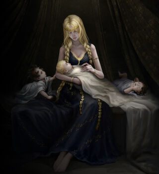 1girl 3boys aged_down armlet baby barefoot bed_sheet black_dress blonde_hair braid brothers circlet commentary crying curtains dress elden_ring english_commentary facing_another full_body godwyn_the_golden highres horns jewelry kem2064 long_hair looking_at_another mohg_lord_of_blood morgott_the_omen_king mother_and_son multiple_boys multiple_horns queen_marika_the_eternal siblings sitting twin_braids twins