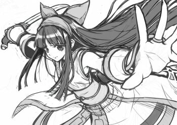 1girl ainu_clothes artist_request black_hair breasts fighting_stance fingerless_gloves gloves hair_ribbon highres long_hair medium_breasts monochrome nakoruru outstretched_arm pants ribbon samurai_spirits serious snk solo source_request the_king_of_fighters the_king_of_fighters_xv weapon