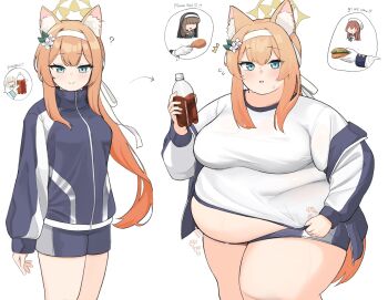 4girls 7sufyfhysfsdkn0 animal_ear_fluff animal_ears before_and_after big_belly blue_archive blue_eyes blue_jacket blue_shorts bottle breasts burger chicken_(food) chicken_leg english_text fat fat_woman flower flower_on_head food gym_shirt gym_shorts hair_flower hair_ornament hair_ribbon halo headband highres holding holding_bottle holding_food jacket large_breasts long_hair mari_(blue_archive) mari_(track)_(blue_archive) medium_breasts midriff_peek multiple_girls open_clothes open_jacket orange_hair plastic_bottle ribbon shirt short_shorts shorts sisterhood_member_(blue_archive) size_difference smile soda_bottle standing t-shirt thick_thighs thighs tight_clothes track_jacket trinity_student_(blue_archive) weight_gain wet wet_clothes wet_shirt white_background white_ribbon white_shirt