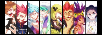 3girls 5boys :d alder_(pokemon) arm_hair black_border black_cape black_shirt blonde_hair blue_jacket blue_oak border breasts cape cleavage closed_eyes collarbone collared_shirt commentary_request cropped_shirt cynthia_(pokemon) diantha_(pokemon) fur_collar green_hair grin hair_ornament hand_up hat highres iris_(pokemon) ivory_(25680nico) jacket jewelry lance_(pokemon) long_hair long_sleeves looking_at_viewer multiple_boys multiple_girls necktie nintendo open_mouth pokemon pokemon_bw pokemon_bw2 pokemon_dppt pokemon_emerald pokemon_frlg pokemon_hgss pokemon_oras pokemon_rse pokemon_xy purple_hair purple_shirt red_hair ring shirt short_hair smile spiked_hair steven_stone teeth tongue upper_teeth_only v-neck wallace_(pokemon) white_hat white_shirt
