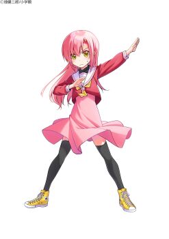 1girl absurdres arms_up blush full_body hair_ornament hata_kenjirou hayate_no_gotoku! henshin_pose highres katsura_hinagiku legs long_hair looking_at_viewer official_art pink_hair school_uniform shoes simple_background skirt solo thighhighs white_background wind wind_lift yellow_eyes zettai_ryouiki