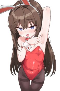 1girl absurdres ahoge alternate_breast_size animal_ears arm_behind_head arm_up armpit_focus armpits artist_request bare_shoulders blue_eyes brown_hair brown_pantyhose commission covered_navel cowboy_shot detached_collar fake_animal_ears fang hairband hand_up highleg highleg_leotard highres leotard loli long_hair looking_at_viewer open_mouth original pantyhose presenting_armpit rabbit_ears red_leotard second-party_source side-tie_leotard simple_background smile solo spread_armpit strapless strapless_leotard sweat takamiya_keika thigh_gap thighband_pantyhose very_long_hair white_background white_hairband wrist_cuffs