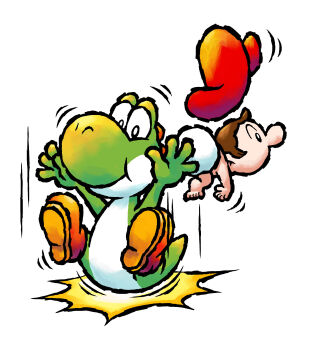 2boys absurdres baby baby_mario boots brown_boots brown_hair diaper green_yoshi ground_pound hat highres mario mario_(series) motion_lines multiple_boys nintendo official_art red_hat short_hair simple_background third-party_source white_background yoshi yoshi&#039;s_island_ds