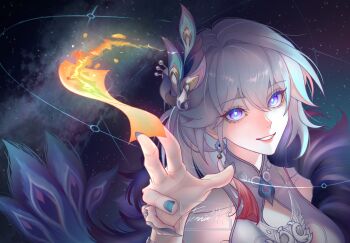 1girl aqua_nails bright_pupils commentary grey_hair grin hair_between_eyes hair_intakes hair_ornament highres holding honkai:_star_rail honkai_(series) l!i_(solu) long_hair looking_at_viewer nail_polish portrait purple_eyes smile solo white_pupils yao_guang_(honkai:_star_rail)